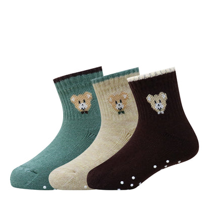 3 Pk Mustang Kids Ankle Socks With Teddy Bear Design & Non-Slip Dots