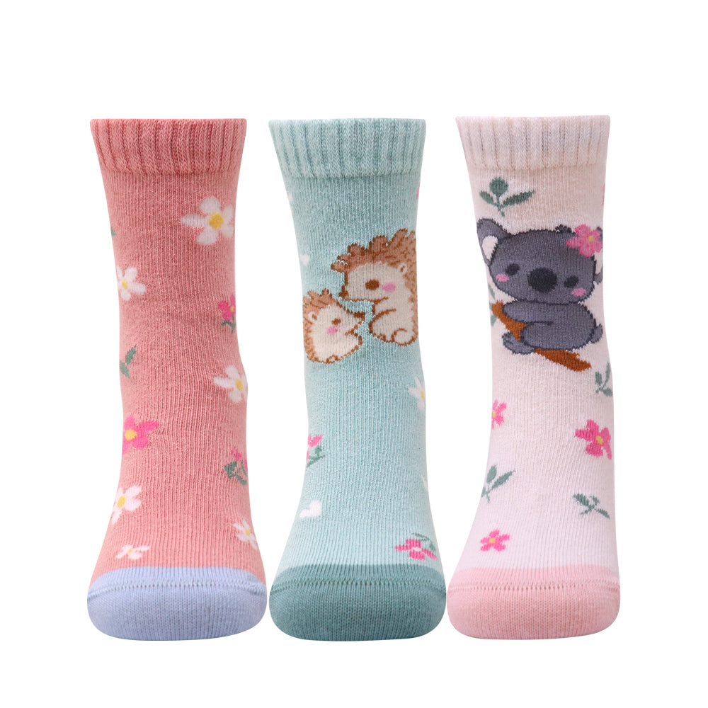 3 Pk Girls’ Floral & Animal Print Crew Socks