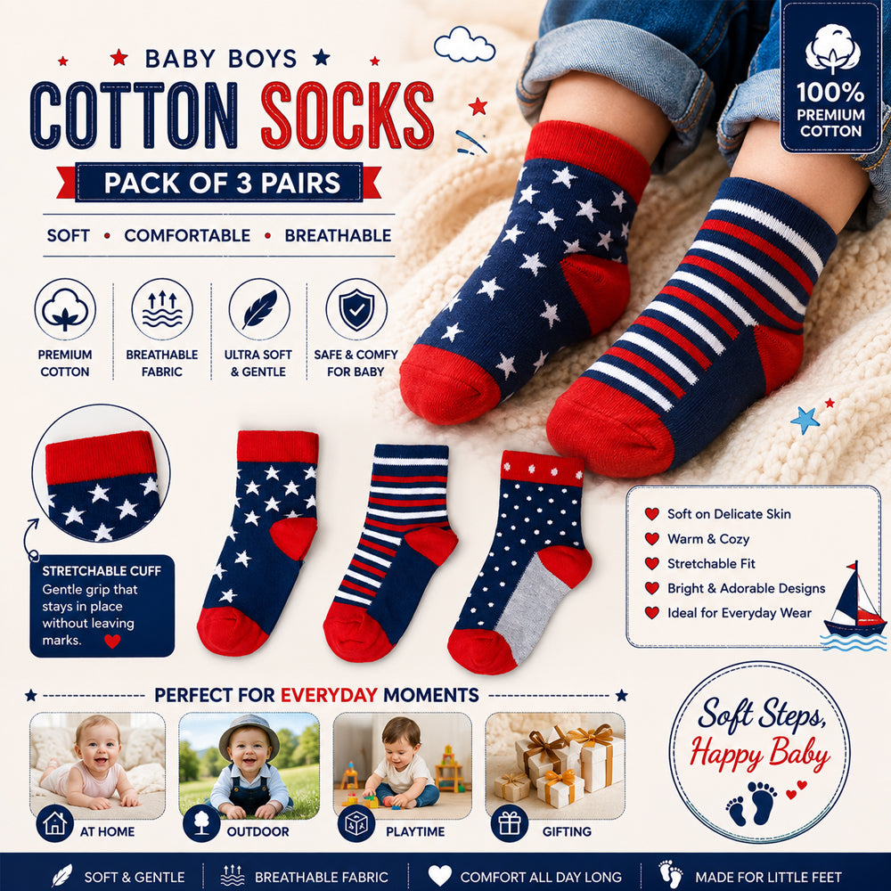 3 Pk Kids’ Star & Stripe Crew-Length Socks – Fun Printed Casual Socks