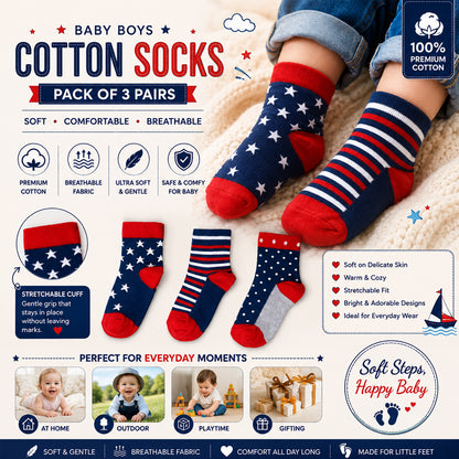 3 Pk Kids’ Star & Stripe Crew-Length Socks – Fun Printed Casual Socks