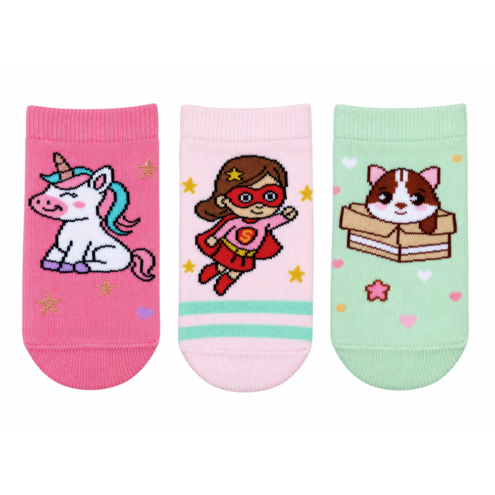 3 Pk Girls’ Unicorn, Superhero & Cute Cat Crew Socks – Fun Character Printed Socks