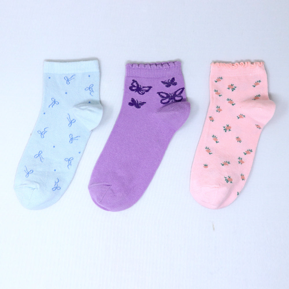 3 Pk Girls’ Frill Ankle Socks With Floral And Butterfly Prints