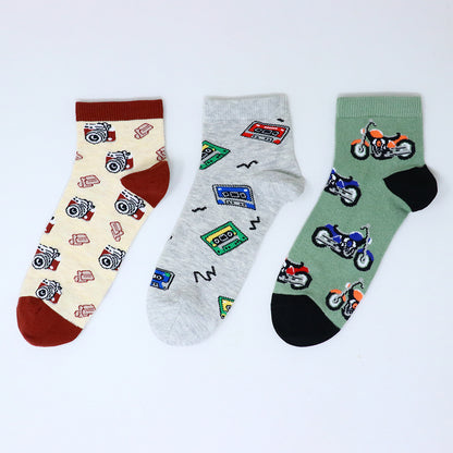 3 Pk Boys’ Fun Printed Crew Socks – Motorcycle & Retro Music Design