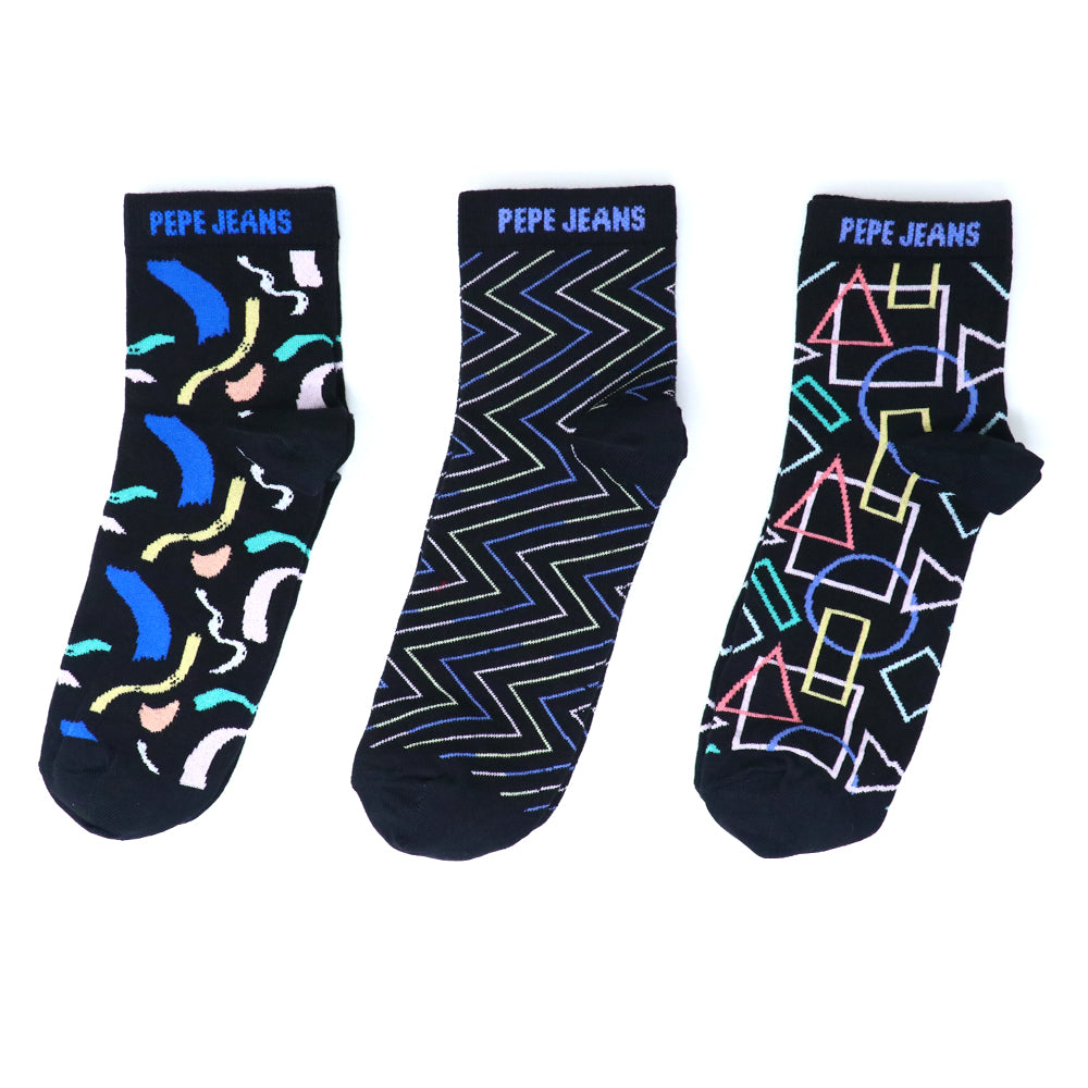 3 Pk Men’s Short Length Cotton Blend Socks – Multicolour Geometric & Abstract Design