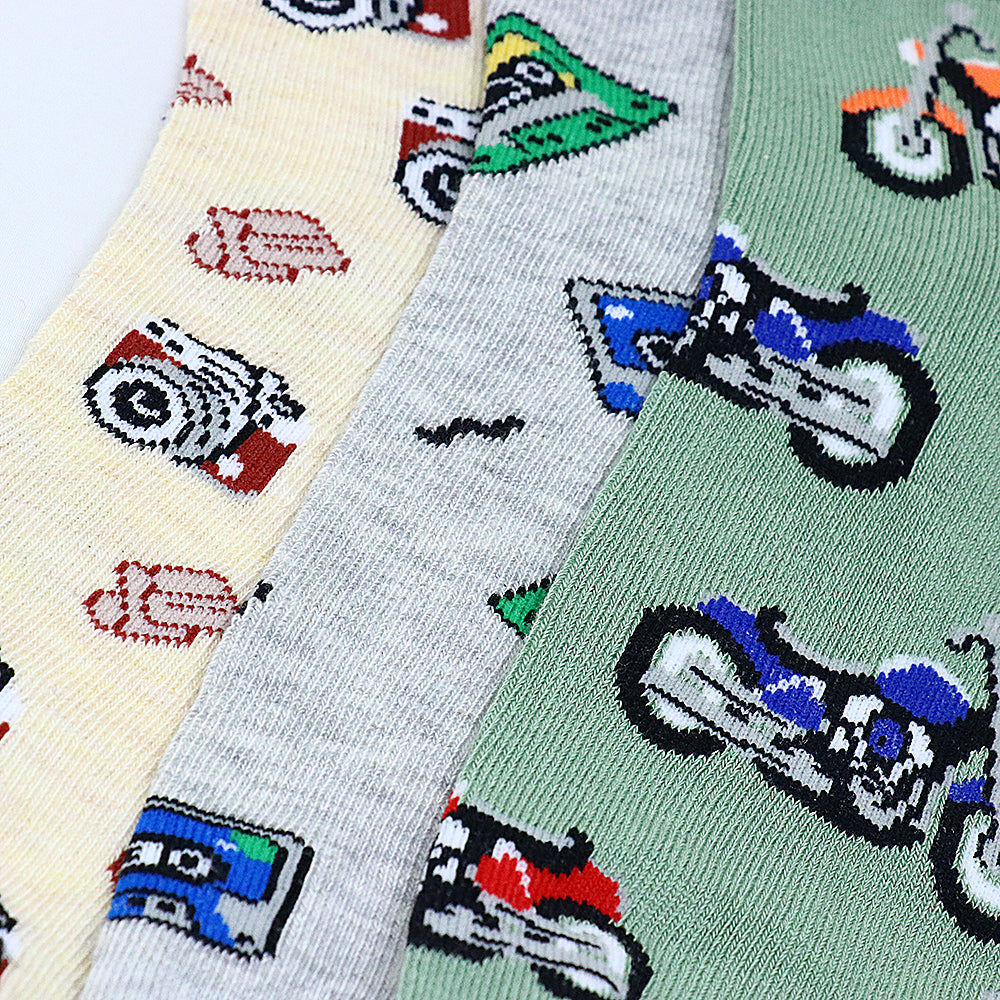 3 Pk Boys’ Fun Printed Crew Socks – Motorcycle & Retro Music Design