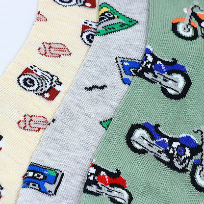3 Pk Boys’ Fun Printed Crew Socks – Motorcycle & Retro Music Design