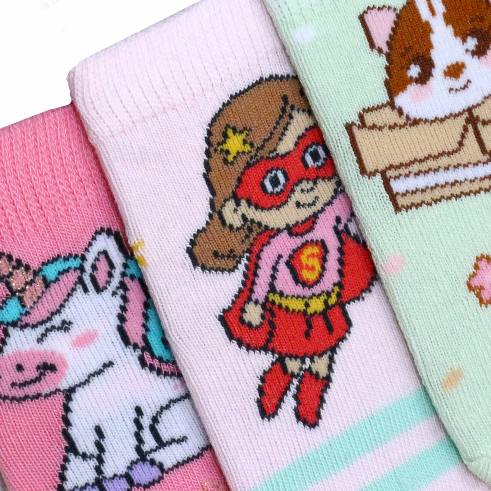3 Pk Girls’ Unicorn, Superhero & Cute Cat Crew Socks – Fun Character Printed Socks