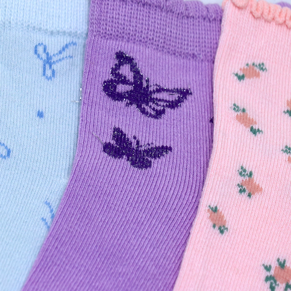 3 Pk Girls’ Frill Ankle Socks With Floral And Butterfly Prints