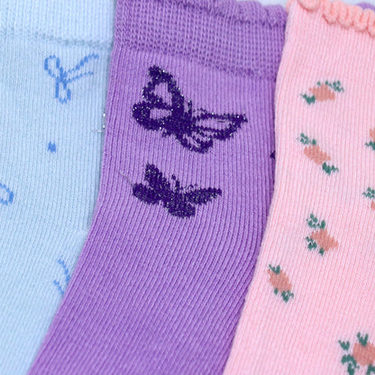 3 Pk Girls’ Frill Ankle Socks With Floral And Butterfly Prints