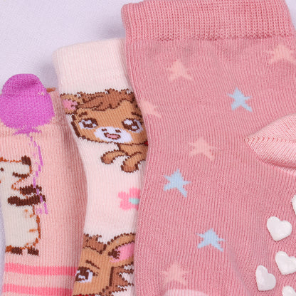 3 Pk Girls Cute Animal Crew Socks – Soft Anti-Slip Cotton Socks For Toddlers & Kids