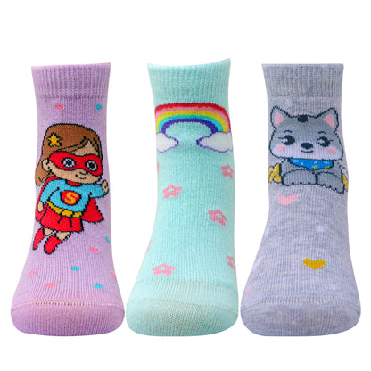 3 Pk Girls’ Unicorn, Superhero & Cute Cat Crew Socks – Fun Character Printed Socks