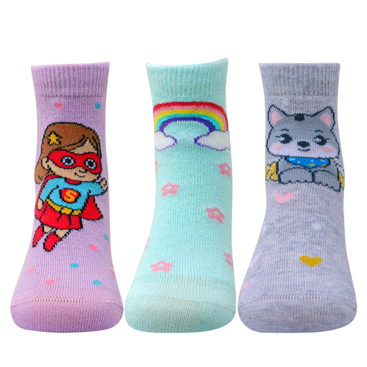 3 Pk Girls’ Unicorn, Superhero & Cute Cat Crew Socks – Fun Character Printed Socks