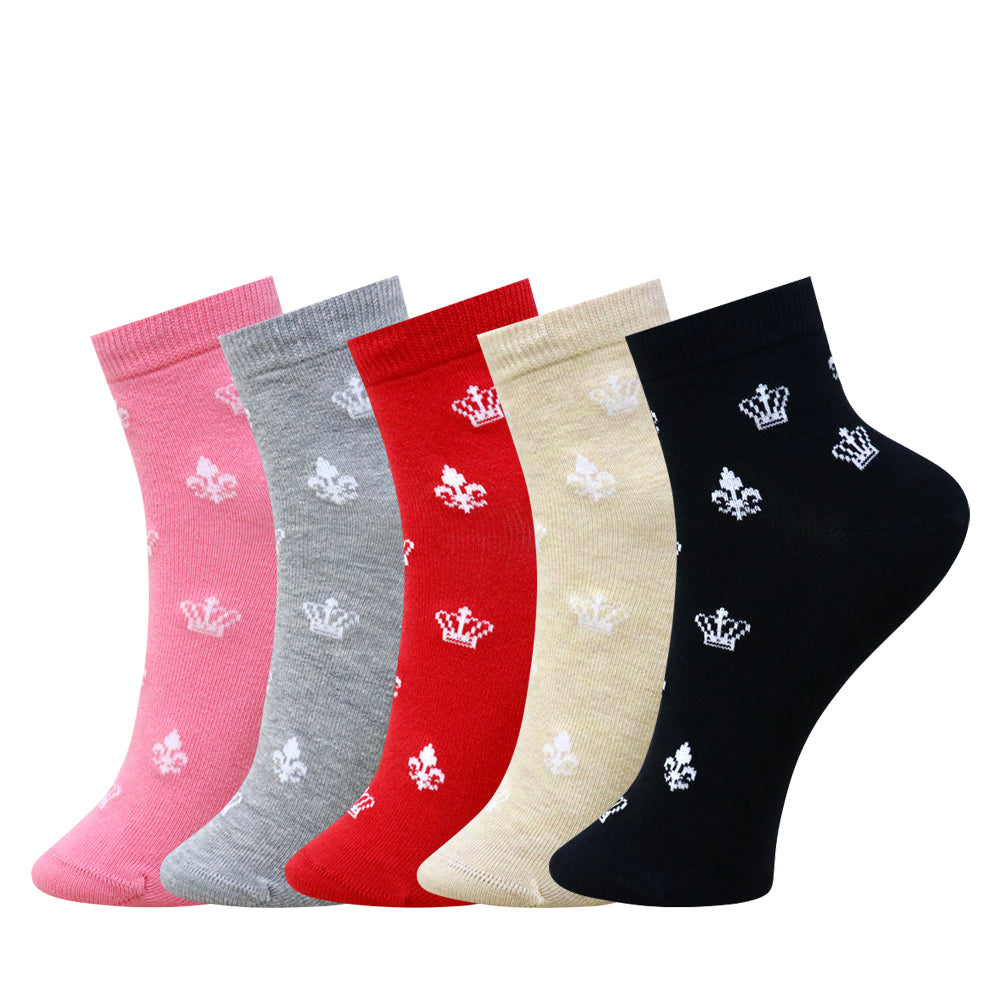 5 Pk Women’s Stylish Crown Pattern Crew Socks – Multicolour Cotton Blend