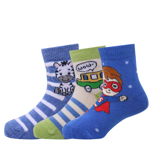 3 Pk Cute Kids Cartoon Socks Set – Zebra, Bus & Hero  Design
