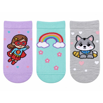 3 Pk Girls’ Unicorn, Superhero & Cute Cat Crew Socks – Fun Character Printed Socks