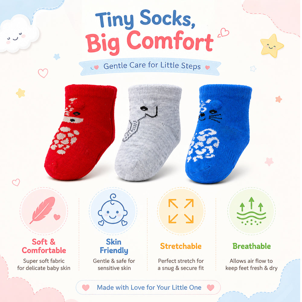 3 Pk Kids Cartoon Cotton Grip Socks  Soft, Breathable & Non-Slip