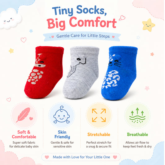 3 Pk Kids Cartoon Cotton Grip Socks  Soft, Breathable & Non-Slip