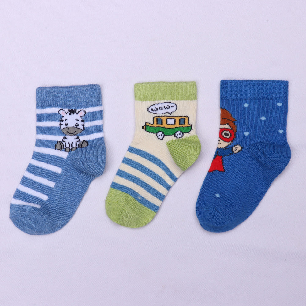 3 Pk Cute Kids Cartoon Socks Set – Zebra, Bus & Hero  Design