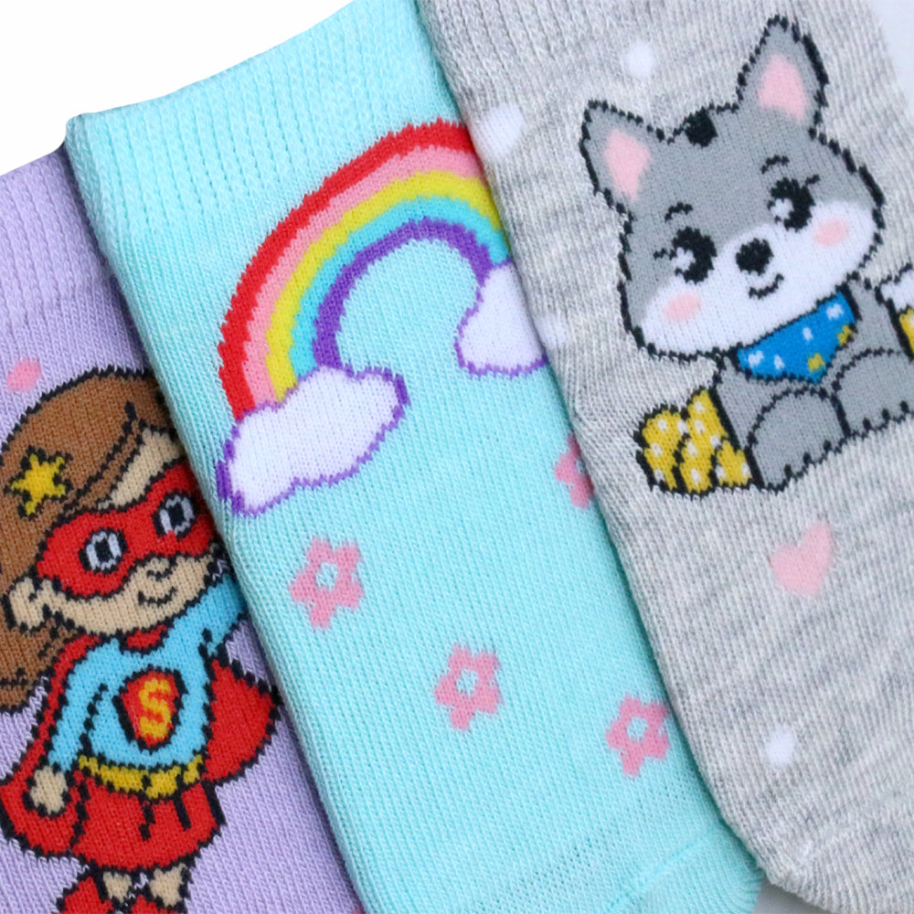 3 Pk Girls’ Unicorn, Superhero & Cute Cat Crew Socks – Fun Character Printed Socks