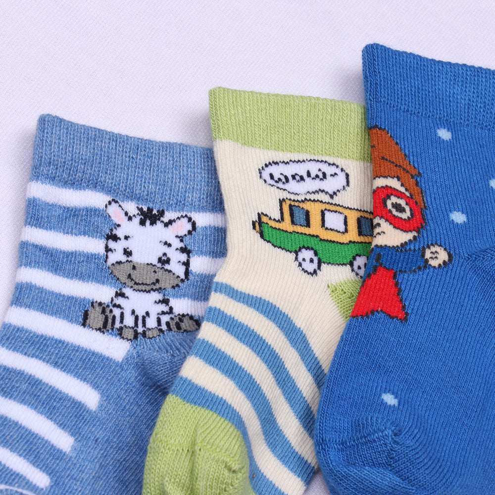 3 Pk Cute Kids Cartoon Socks Set – Zebra, Bus & Hero  Design