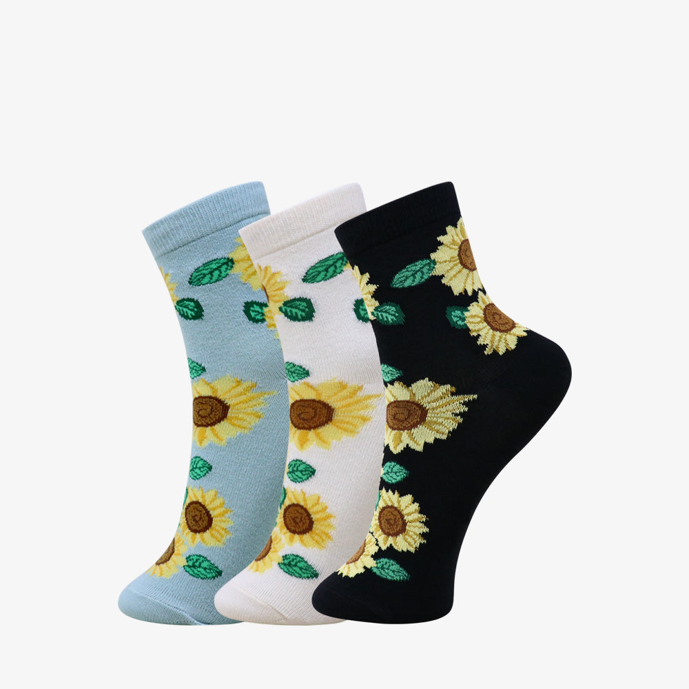 3 Pk Women's Sunflower Floral Crew Socks Soft Cotton Blend Casual Ankle Socks