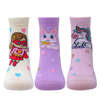 3 Pk Girls’ Cute Cartoon Character Printed Crew-Length Socks