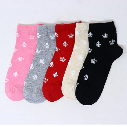 5 Pk Women’s Stylish Crown Pattern Crew Socks – Multicolour Cotton Blend