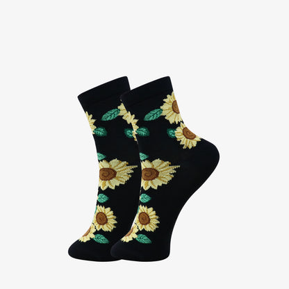 3 Pk Women's Sunflower Floral Crew Socks Soft Cotton Blend Casual Ankle Socks