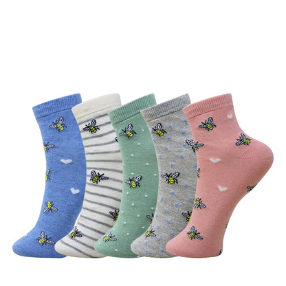 5 Pk Women’s Cute Bee & Heart Pattern Crew Socks – Soft Multicolor Everyday Socks