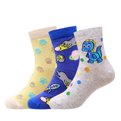 3 Pk Kids Fun Cartoon Socks – Dinosaur & Animal Design Crew Socks