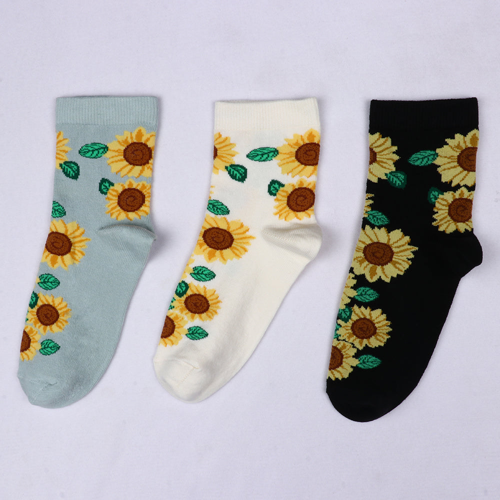 3 Pk Women's Sunflower Floral Crew Socks Soft Cotton Blend Casual Ankle Socks