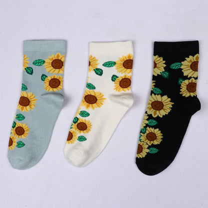 3 Pk Women's Sunflower Floral Crew Socks Soft Cotton Blend Casual Ankle Socks