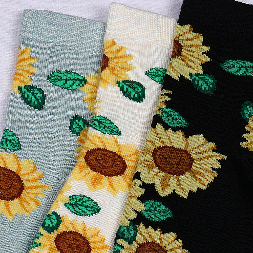 3 Pk Women's Sunflower Floral Crew Socks Soft Cotton Blend Casual Ankle Socks