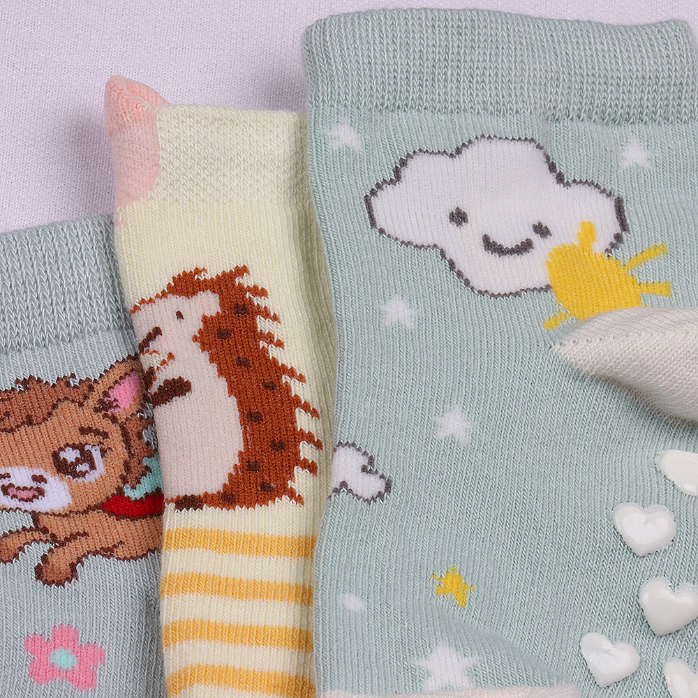 3 Pk Kids Cartoon Anti-Slip Crew Socks