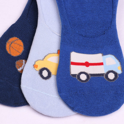 3 Pk Kids Vehicle & Sports No Show Socks – Soft Cotton Low Cut Socks