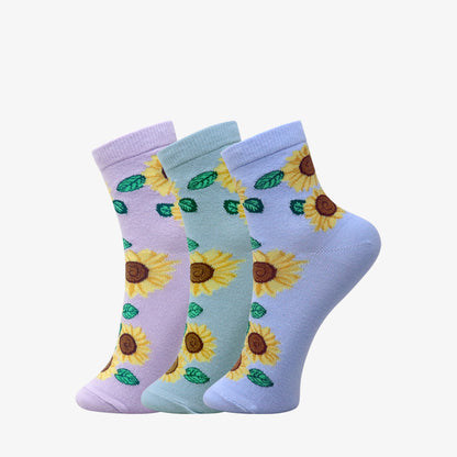 3 Pk Women's Pastel Sunflower Crew Socks