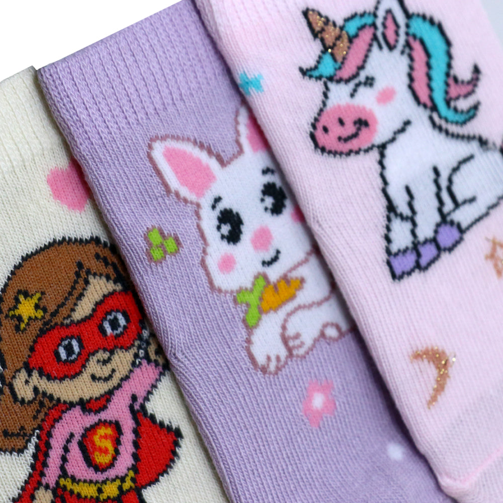 3 Pk Girls’ Cute Cartoon Character Printed Crew-Length Socks