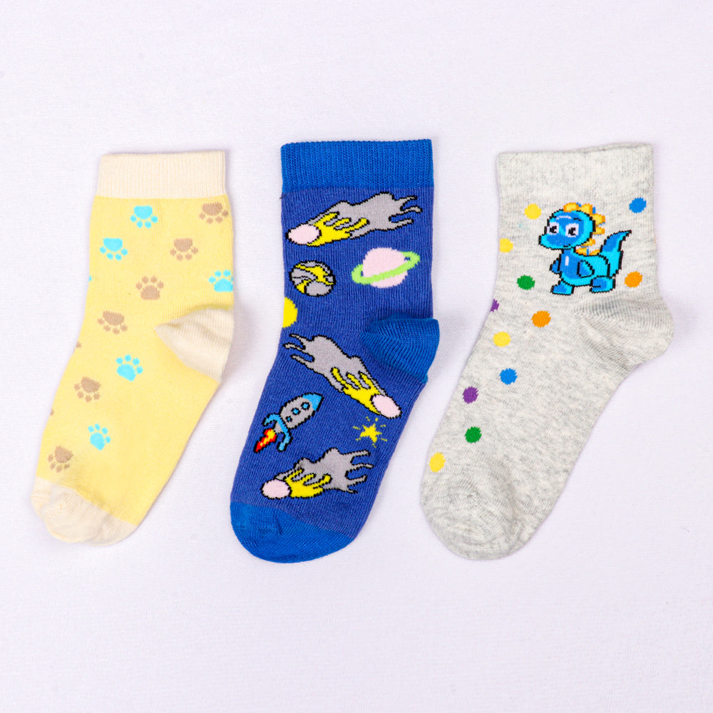 3 Pk Kids Fun Cartoon Socks – Dinosaur & Animal Design Crew Socks