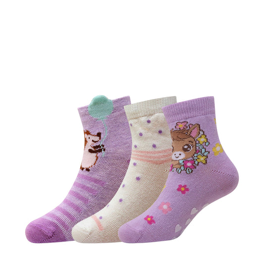 3 Pk Girls Cute Cartoon Crew Socks – Soft Breathable Anti-Slip Cotton Socks For Kids