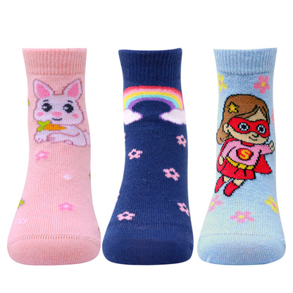 3 Pk Girls’ Cute Cartoon & Rainbow Printed Crew Socks