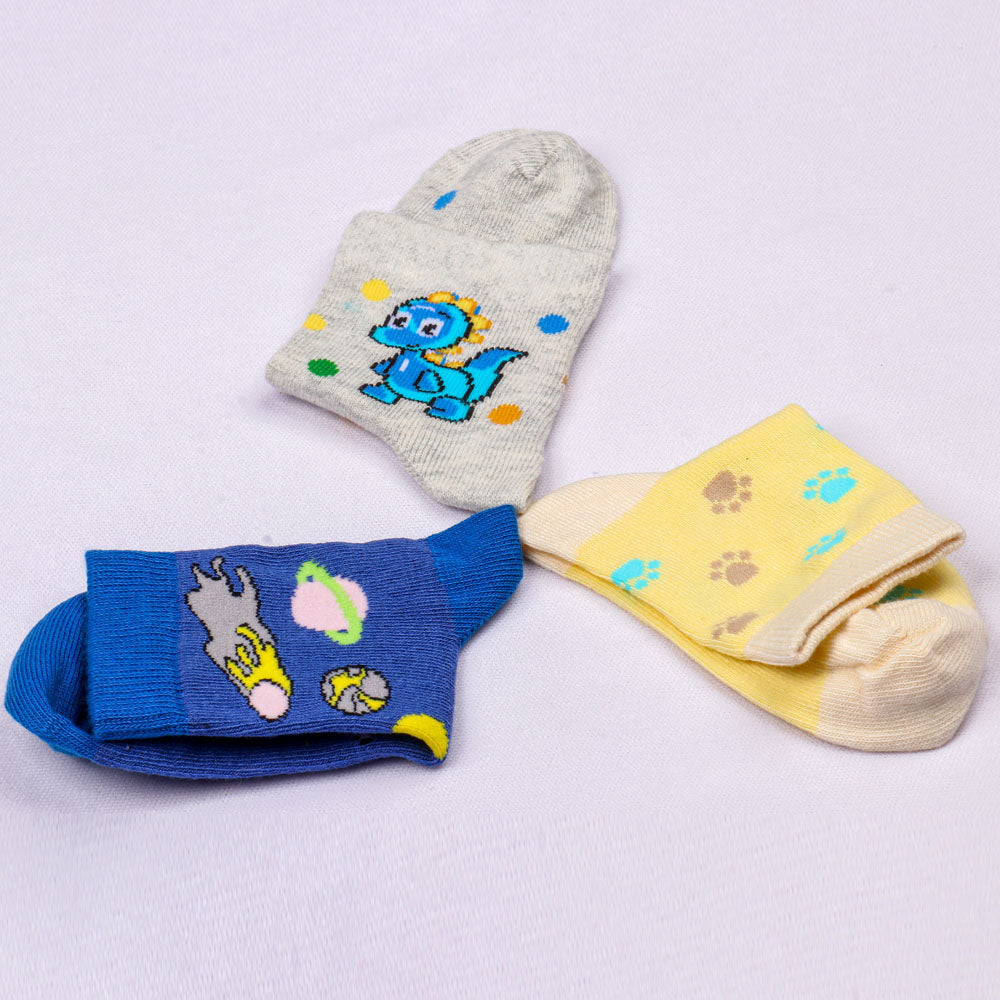 3 Pk Kids Fun Cartoon Socks – Dinosaur & Animal Design Crew Socks