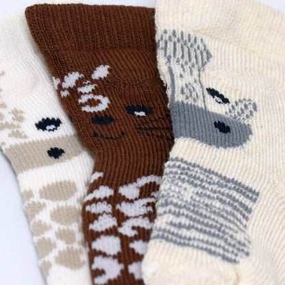 3 Pk Unisex Baby Cotton Grip Socks Cozy Terry Animal Socks