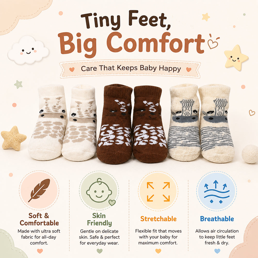 3 Pk Unisex Baby Cotton Grip Socks Cozy Terry Animal Socks