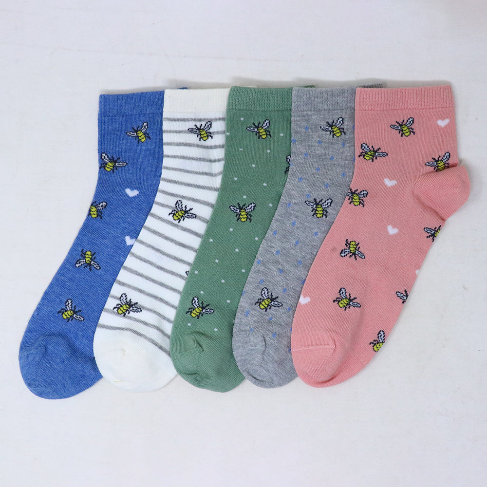 5 Pk Women’s Cute Bee & Heart Pattern Crew Socks – Soft Multicolor Everyday Socks