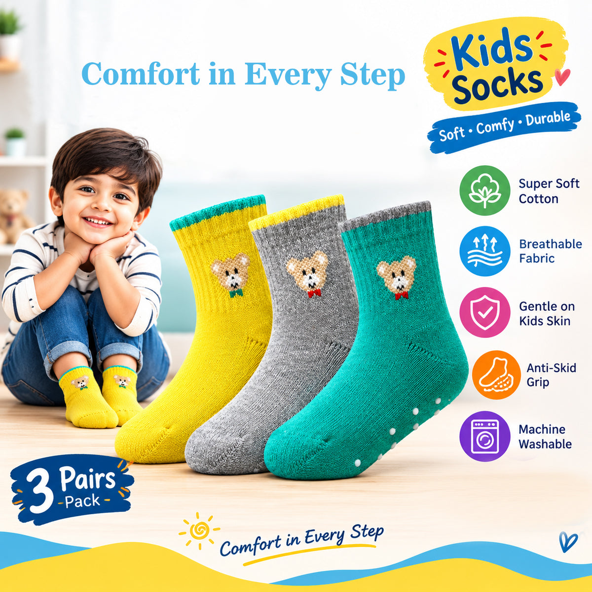 3 Pk Mustang Kids Cartoon Bear Cotton Socks