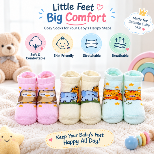 3 Pk Baby Cotton Terry Socks Cute Animal Character Socks For Toddlers