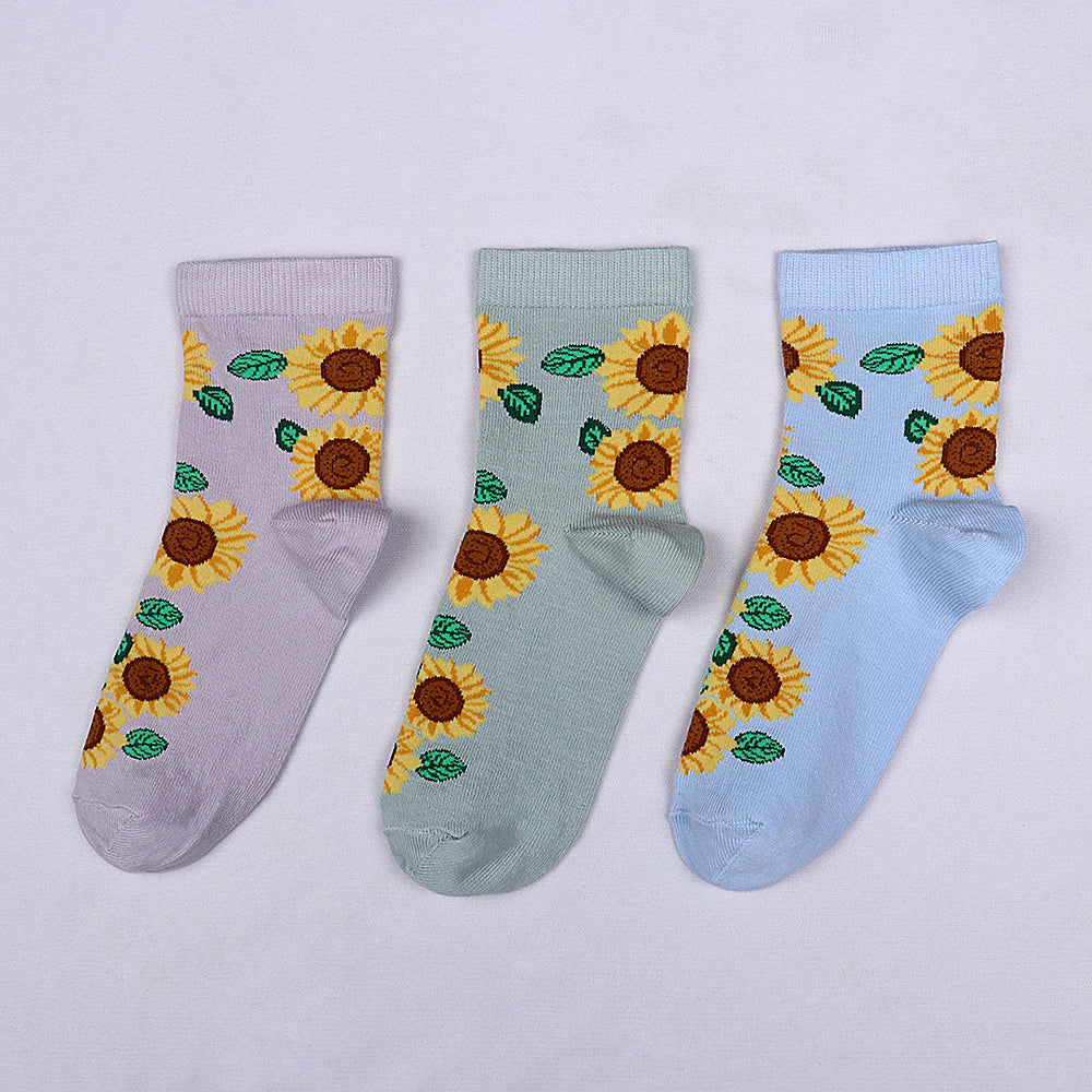3 Pk Women's Pastel Sunflower Crew Socks