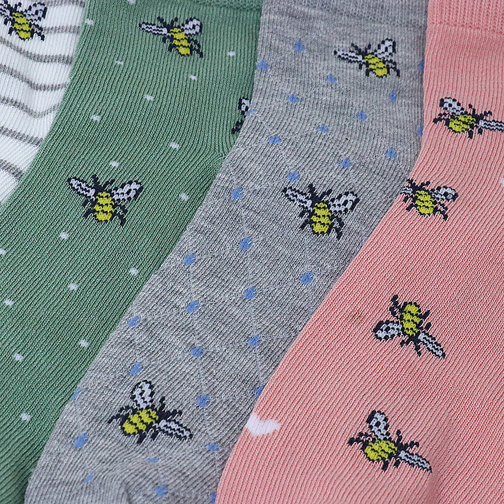 5 Pk Women’s Cute Bee & Heart Pattern Crew Socks – Soft Multicolor Everyday Socks