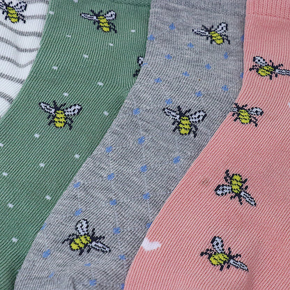 5 Pk Women’s Cute Bee & Heart Pattern Crew Socks – Soft Multicolor Everyday Socks