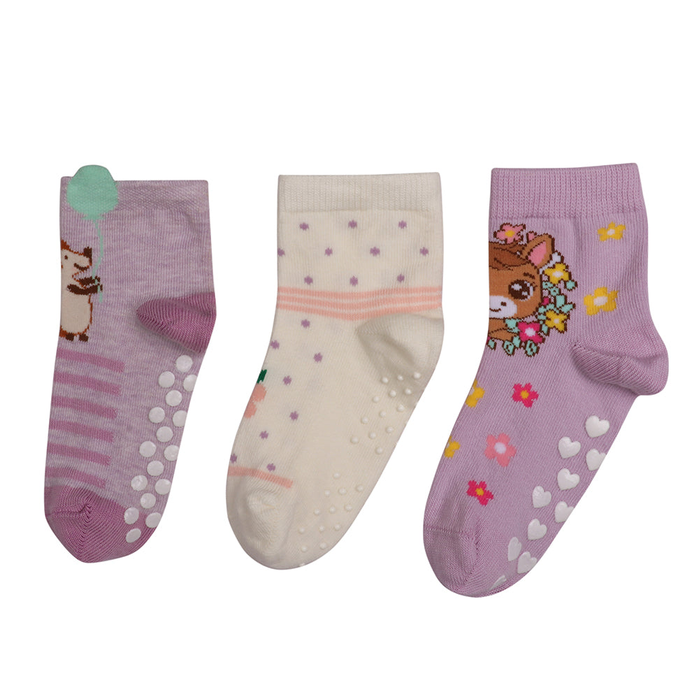 3 Pk Girls Cute Cartoon Crew Socks – Soft Breathable Anti-Slip Cotton Socks For Kids